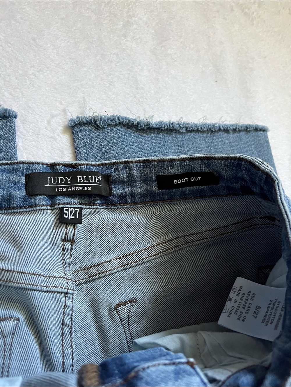 Judy Blue Light Blue Distressed Straight Leg Jeans with Red Patch Accents - Picture 2 of 7